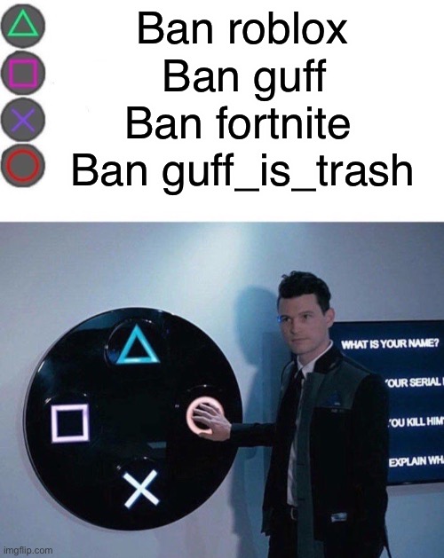 4 Buttons | Ban roblox; Ban guff; Ban fortnite; Ban guff_is_trash | image tagged in 4 buttons | made w/ Imgflip meme maker