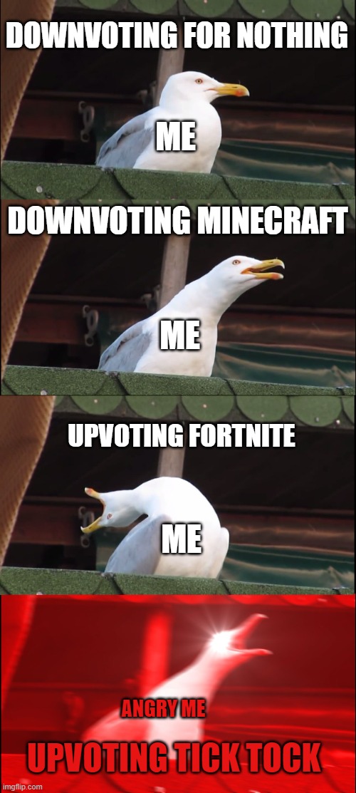 Don't do this plz | DOWNVOTING FOR NOTHING; ME; DOWNVOTING MINECRAFT; ME; UPVOTING FORTNITE; ME; ANGRY ME; UPVOTING TICK TOCK | image tagged in memes,inhaling seagull | made w/ Imgflip meme maker