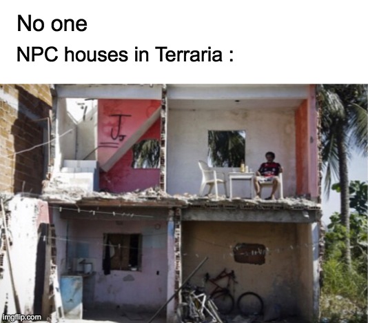 NPC houses really be like : | No one; NPC houses in Terraria : | image tagged in memes,house,npc,lol,terraria,gaming | made w/ Imgflip meme maker