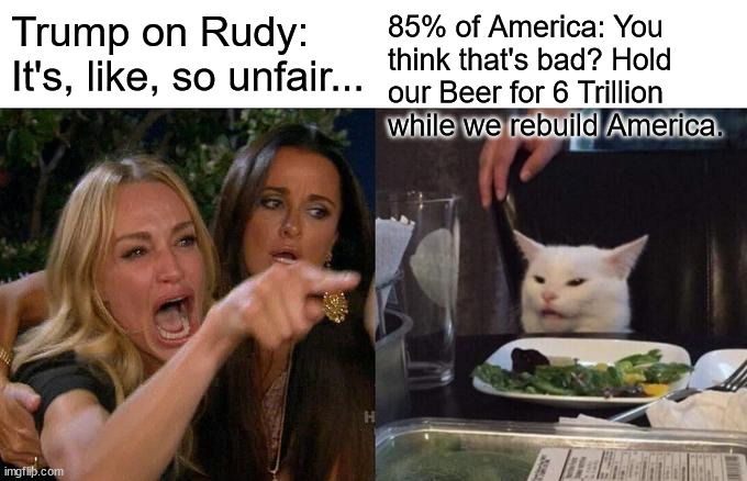 Dorito's crying again | Trump on Rudy: It's, like, so unfair... 85% of America: You think that's bad? Hold our Beer for 6 Trillion while we rebuild America. | image tagged in memes,woman yelling at cat,trump,politics,america,corruption | made w/ Imgflip meme maker
