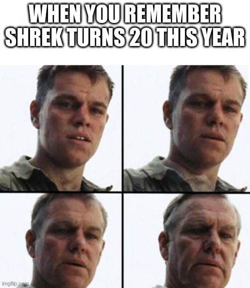 Yet another meme to be submitted to Memenade's discord | WHEN YOU REMEMBER SHREK TURNS 20 THIS YEAR | image tagged in turning old | made w/ Imgflip meme maker