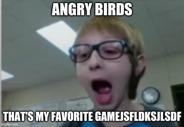 stupid kid | ANGRY BIRDS; THAT'S MY FAVORITE GAMEJSFLDKSJLSDF | image tagged in stupid kid | made w/ Imgflip meme maker