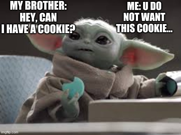 U may not have a cookie... | MY BROTHER: HEY, CAN I HAVE A COOKIE? ME: U DO NOT WANT THIS COOKIE... | image tagged in cookies,fun | made w/ Imgflip meme maker