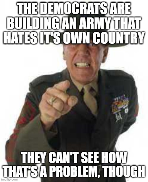 marine drill | THE DEMOCRATS ARE BUILDING AN ARMY THAT HATES IT'S OWN COUNTRY; THEY CAN'T SEE HOW THAT'S A PROBLEM, THOUGH | image tagged in marine drill | made w/ Imgflip meme maker