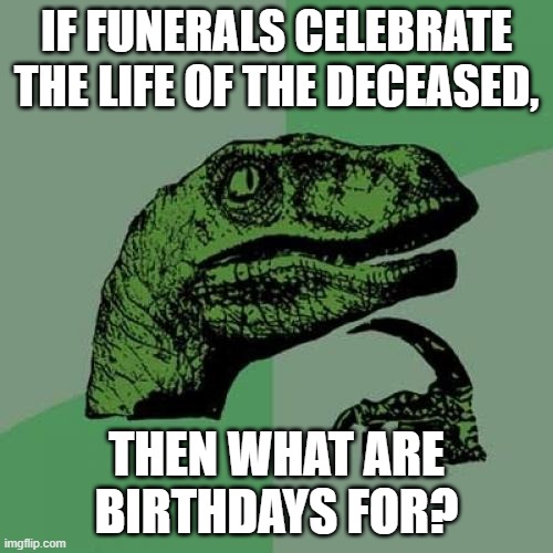 Philosoraptor Meme | IF FUNERALS CELEBRATE THE LIFE OF THE DECEASED, THEN WHAT ARE BIRTHDAYS FOR? | image tagged in memes,philosoraptor | made w/ Imgflip meme maker