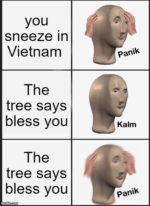 Vietnam | you sneeze in Vietnam; The tree says bless you; The tree says bless you | image tagged in memes,panik kalm panik | made w/ Imgflip meme maker