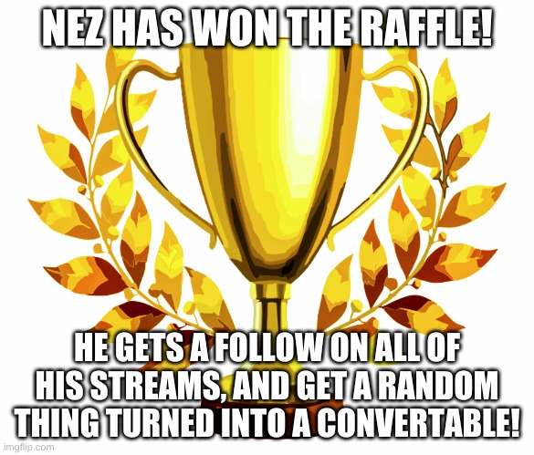 .NEZ. WINS | NEZ HAS WON THE RAFFLE! HE GETS A FOLLOW ON ALL OF HIS STREAMS, AND GET A RANDOM THING TURNED INTO A CONVERTIBLE! | image tagged in you win | made w/ Imgflip meme maker
