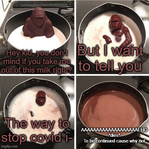 R.I.P Chocolate Donkey Kong | But I want to tell you; Hey kid, you don't mind if you take me out of this milk right? The way to stop covid i-; AAAAAAAAAAAAAAAAAAAEHG *dies*
To be continued cause why not | image tagged in chocolate gorilla | made w/ Imgflip meme maker