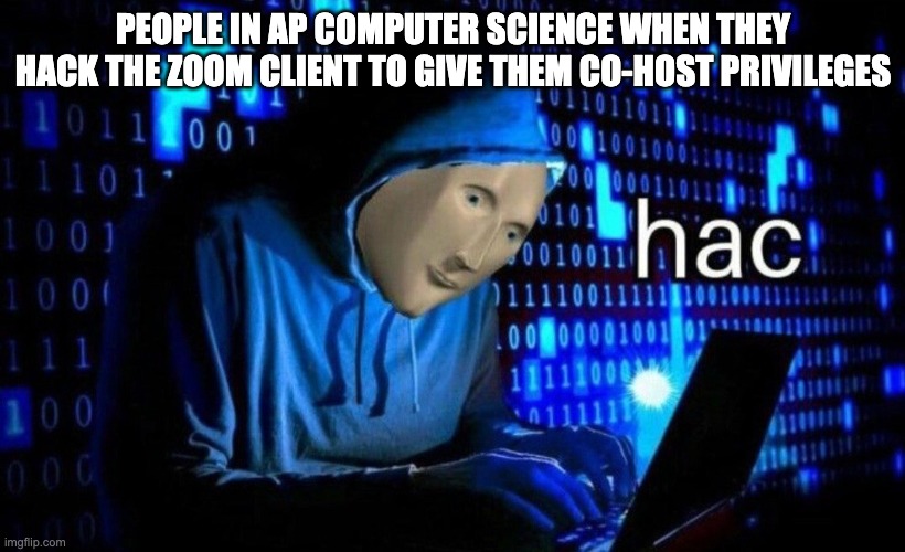 hac | PEOPLE IN AP COMPUTER SCIENCE WHEN THEY HACK THE ZOOM CLIENT TO GIVE THEM CO-HOST PRIVILEGES | image tagged in hac | made w/ Imgflip meme maker