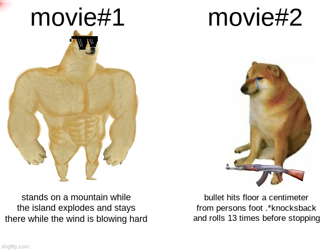 Buff Doge vs. Cheems Meme | movie#1; movie#2; stands on a mountain while the island explodes and stays there while the wind is blowing hard; bullet hits floor a centimeter from persons foot .*knocksback and rolls 13 times before stopping | image tagged in memes,buff doge vs cheems | made w/ Imgflip meme maker