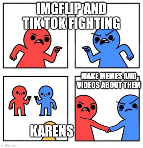 so true | IMGFLIP AND TIK TOK FIGHTING; MAKE MEMES AND VIDEOS ABOUT THEM; KARENS | image tagged in common enemy | made w/ Imgflip meme maker