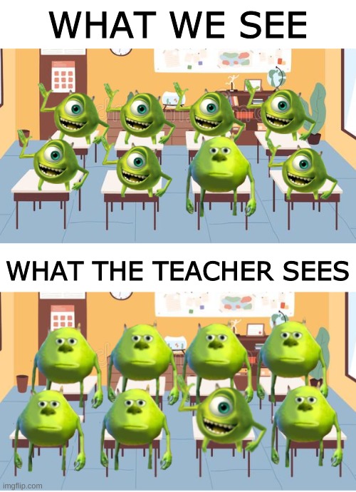 teachers picking people who didn't raised their hand | WHAT WE SEE; WHAT THE TEACHER SEES | image tagged in school meme,school,teacher,relatable | made w/ Imgflip meme maker