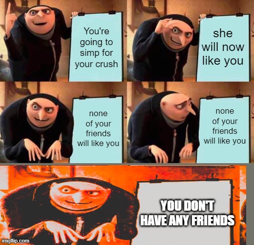 Gru's Plan Meme | You're going to simp for your crush; she will now like you; none of your friends will like you; none of your friends will like you; YOU DON'T HAVE ANY FRIENDS | image tagged in memes,gru's plan | made w/ Imgflip meme maker