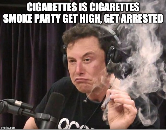 Elon Musk smoking a joint | CIGARETTES IS CIGARETTES SMOKE PARTY GET HIGH, GET ARRESTED | image tagged in elon musk smoking a joint | made w/ Imgflip meme maker