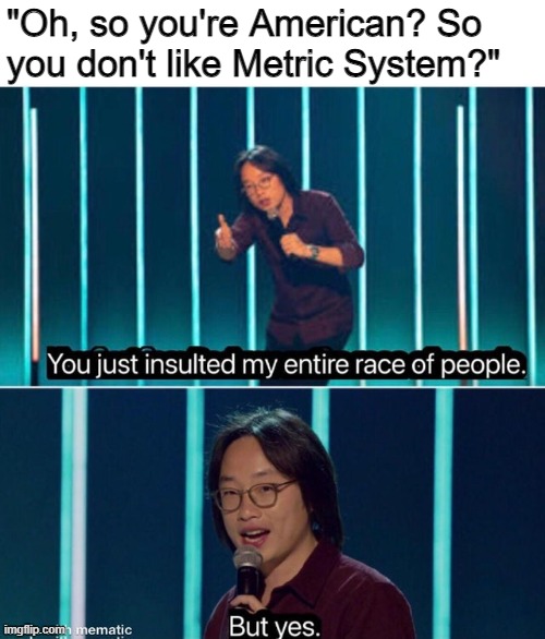 I'm an American who uses the Metric System | "Oh, so you're American? So you don't like Metric System?" | image tagged in you just insulted my entire race of people,fun,memes,oh wow are you actually reading these tags | made w/ Imgflip meme maker