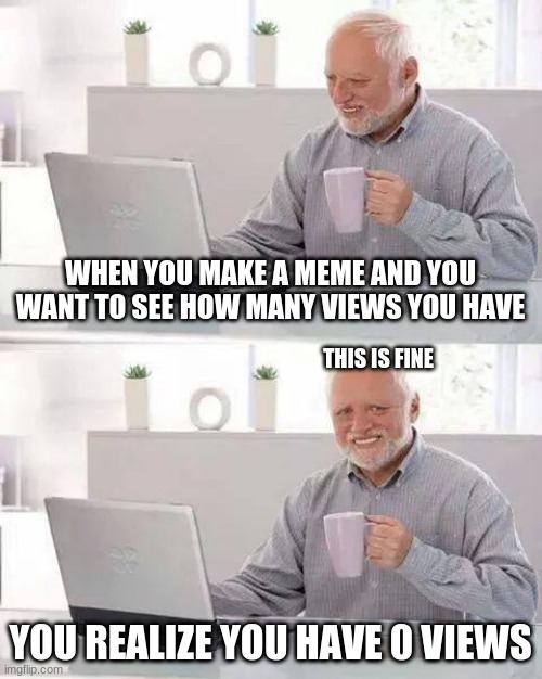 rip that man | WHEN YOU MAKE A MEME AND YOU WANT TO SEE HOW MANY VIEWS YOU HAVE; THIS IS FINE; YOU REALIZE YOU HAVE 0 VIEWS | image tagged in memes,hide the pain harold | made w/ Imgflip meme maker