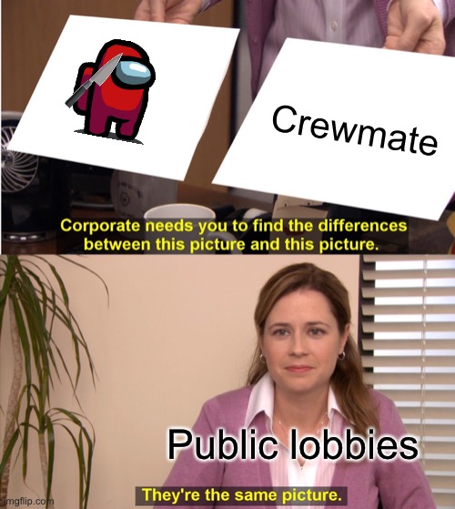 ??? I HATE PUBLIC LOBBIES!!!!! | Crewmate; Public lobbies | image tagged in memes,they're the same picture | made w/ Imgflip meme maker