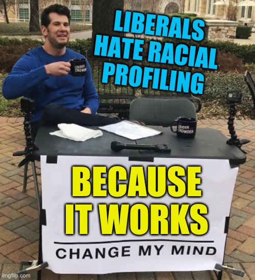 truth hurts | LIBERALS HATE RACIAL PROFILING; BECAUSE IT WORKS | image tagged in racial profiling,stupid liberals,change my mind,police brutality,racism,liberal hypocrisy | made w/ Imgflip meme maker