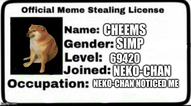 Meme Stealing License | CHEEMS; SIMP; 69420; NEKO-CHAN; NEKO-CHAN NOTICED ME | image tagged in meme stealing license | made w/ Imgflip meme maker