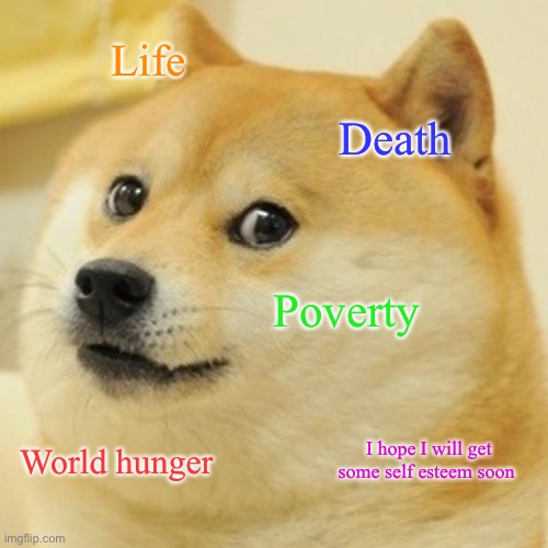 Idk why I have weird thoughts | Life; Death; Poverty; I hope I will get some self esteem soon; World hunger | image tagged in memes,doge | made w/ Imgflip meme maker