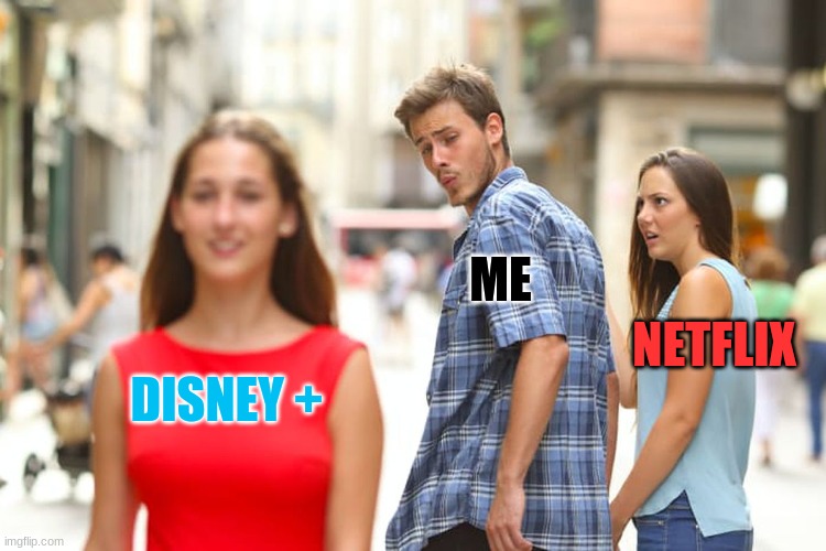 Distracted Boyfriend | ME; NETFLIX; DISNEY + | image tagged in memes,distracted boyfriend | made w/ Imgflip meme maker