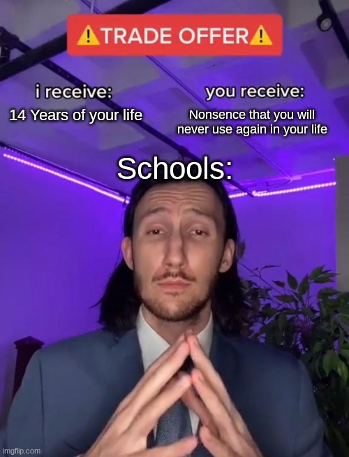 Its true | Nonsence that you will never use again in your life; 14 Years of your life; Schools: | image tagged in trade offer | made w/ Imgflip meme maker