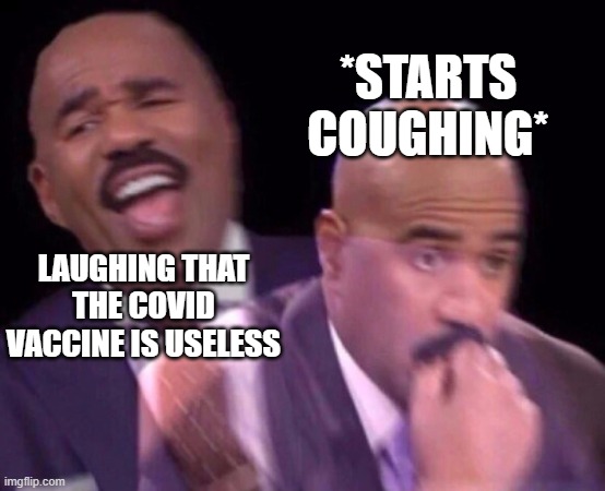 Steve Harvey Laughing | *STARTS COUGHING*; LAUGHING THAT THE COVID VACCINE IS USELESS | image tagged in steve harvey laughing serious | made w/ Imgflip meme maker