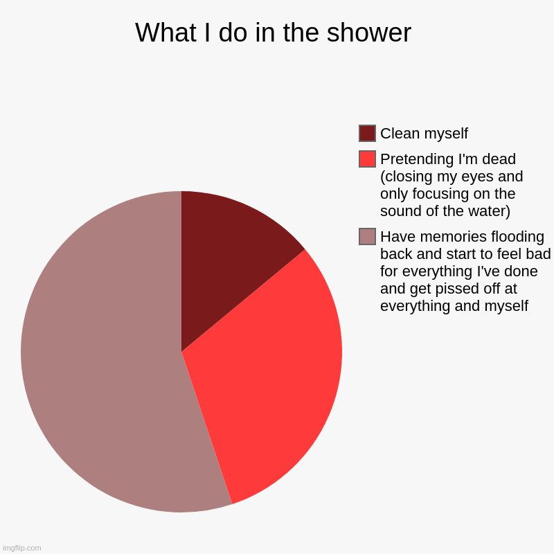 Guess this is a trend now ._. | What I do in the shower | Have memories flooding back and start to feel bad for everything I've done and get pissed off at everything and my | image tagged in charts,pie charts | made w/ Imgflip chart maker