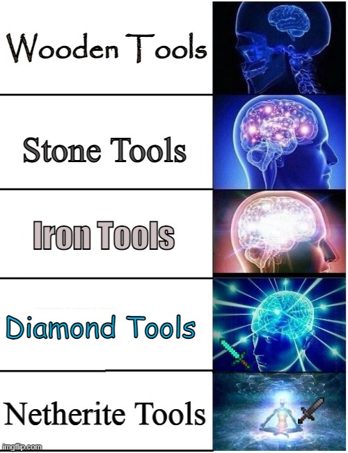 This actually took a while lol |  Wooden Tools; Stone Tools; Iron Tools; Diamond Tools; Netherite Tools | image tagged in expanding brain 5 panel,minecraft,why are you reading this | made w/ Imgflip meme maker