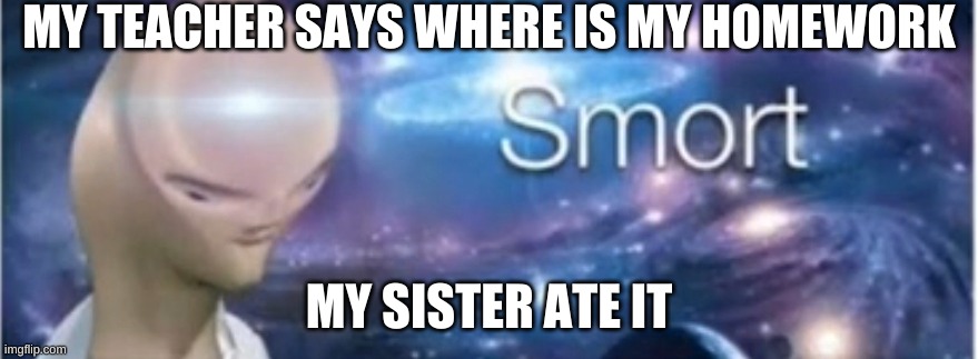 Meme man smort | MY TEACHER SAYS WHERE IS MY HOMEWORK; MY SISTER ATE IT | image tagged in meme man smort | made w/ Imgflip meme maker