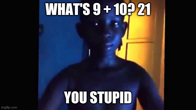 21 kid | WHAT'S 9 + 10? 21 YOU STUPID | image tagged in 21 kid | made w/ Imgflip meme maker