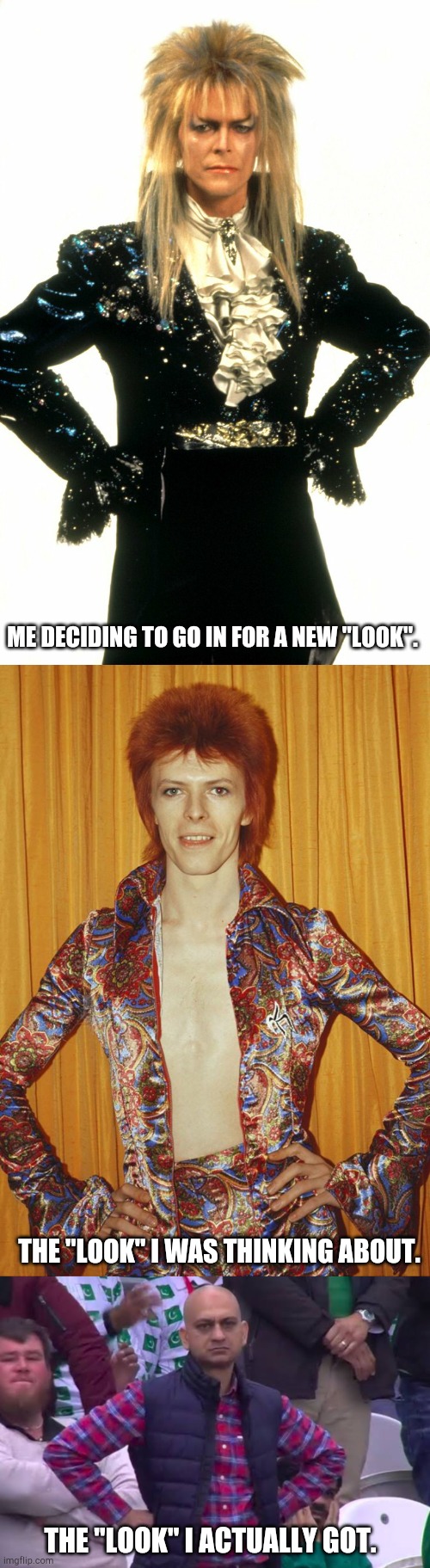 ME DECIDING TO GO IN FOR A NEW "LOOK". THE "LOOK" I WAS THINKING ABOUT. THE "LOOK" I ACTUALLY GOT. | image tagged in david bowie as jerath in labyrinth hands on hips,david bowie hands on hips,disappointed man | made w/ Imgflip meme maker