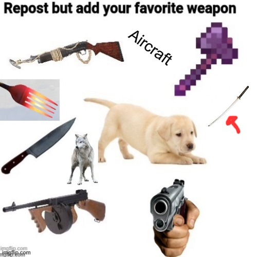 Repost this but with your favorite weapon | Aircraft | image tagged in airplane,weapons,repost,fork,harpoon gun,knife | made w/ Imgflip meme maker