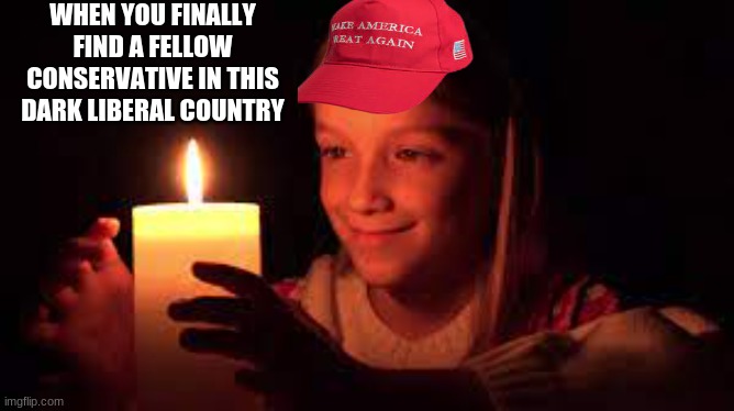 Bit of hope. | WHEN YOU FINALLY FIND A FELLOW CONSERVATIVE IN THIS DARK LIBERAL COUNTRY | image tagged in trump,conservatives,maga | made w/ Imgflip meme maker