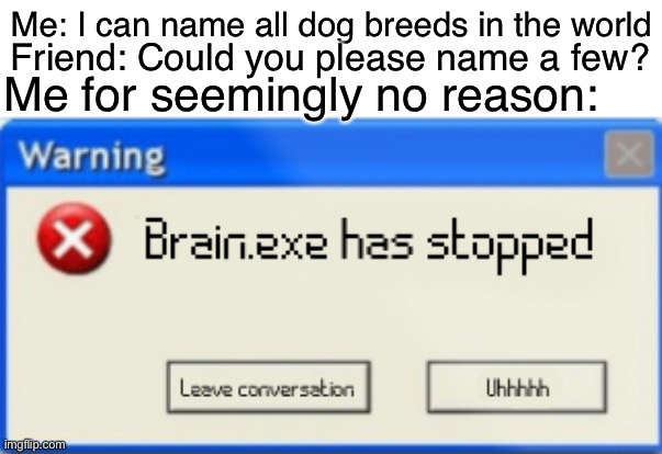 Who can relate to this | Me: I can name all dog breeds in the world; Friend: Could you please name a few? Me for seemingly no reason: | image tagged in brain exe has stopped | made w/ Imgflip meme maker