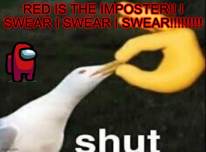 RED IS ALWAYS THE IMPOSTER?? | RED IS THE IMPOSTER!! I SWEAR I SWEAR I SWEAR!!!!!!!!! | image tagged in shut | made w/ Imgflip meme maker