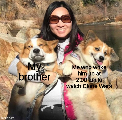 lol | Me who woke him up at 2:00 am to watch Clone Wars; My brother | image tagged in disapproving corgi,star wars,clone wars | made w/ Imgflip meme maker