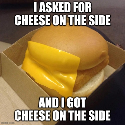 You had ONE job | I ASKED FOR CHEESE ON THE SIDE; AND I GOT CHEESE ON THE SIDE | image tagged in you had one job | made w/ Imgflip meme maker