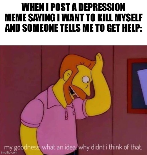 I have done the help, and it just doesn’t work for me | WHEN I POST A DEPRESSION MEME SAYING I WANT TO KILL MYSELF AND SOMEONE TELLS ME TO GET HELP: | image tagged in my goodness what an idea why didn't i think of that,depression | made w/ Imgflip meme maker