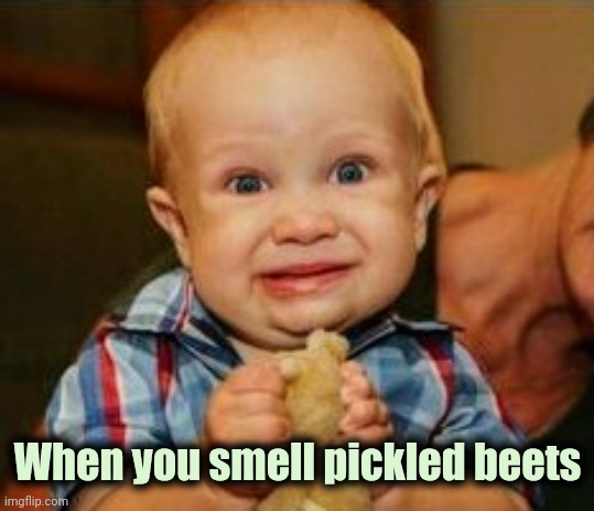 People actually eat that ? | When you smell pickled beets | image tagged in cringe baby,food,stinky,roses are red violets are are blue,bad smell | made w/ Imgflip meme maker