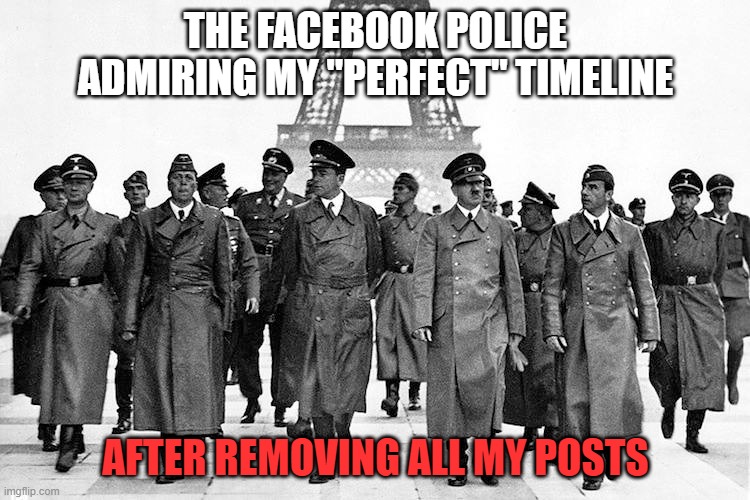 Facebook Police |  THE FACEBOOK POLICE ADMIRING MY "PERFECT" TIMELINE; AFTER REMOVING ALL MY POSTS | image tagged in facebook police | made w/ Imgflip meme maker