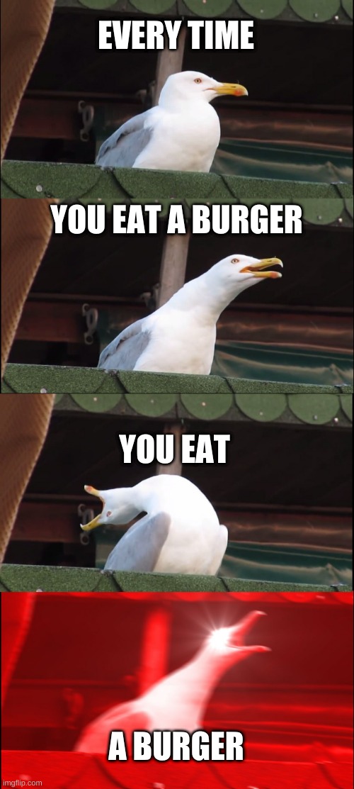Inhaling Seagull | EVERY TIME; YOU EAT A BURGER; YOU EAT; A BURGER | image tagged in memes,inhaling seagull | made w/ Imgflip meme maker