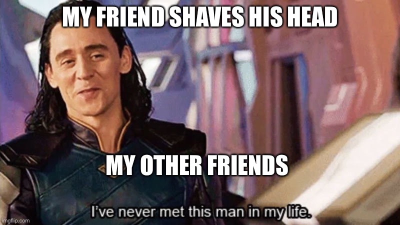 I Have Never Met This Man In My Life |  MY FRIEND SHAVES HIS HEAD; MY OTHER FRIENDS | image tagged in i have never met this man in my life | made w/ Imgflip meme maker