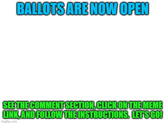 Blank White Template | BALLOTS ARE NOW OPEN; SEE THE COMMENT SECTION, CLICK ON THE MEME LINK, AND FOLLOW THE INSTRUCTIONS.  LET'S GO! | image tagged in blank white template | made w/ Imgflip meme maker