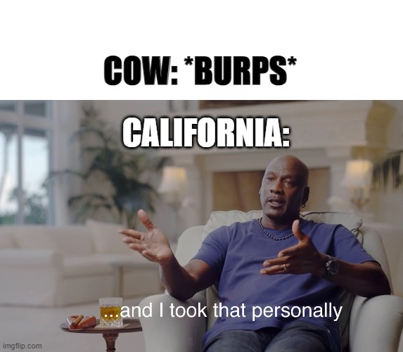 COW: *BURPS*; CALIFORNIA: | image tagged in blank white template,and i took that personally | made w/ Imgflip meme maker