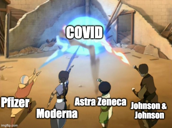 vaccines fighting covid | COVID; Pfizer; Astra Zeneca; Moderna; Johnson & 
Johnson | image tagged in avatar | made w/ Imgflip meme maker