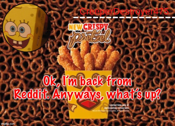 CD475 Chicken Fries announcement template | Ok, I’m back from Reddit. Anyways, what’s up? | image tagged in cd475 chicken fries announcement template | made w/ Imgflip meme maker