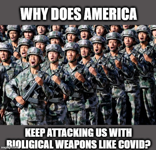 Wake up America | WHY DOES AMERICA; KEEP ATTACKING US WITH BIOLIGICAL WEAPONS LIKE COVID? | image tagged in chinese army,memes,politics,covid19,donald trump is an idiot,maga | made w/ Imgflip meme maker