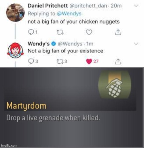 A Wendy's roast when you guys least expect it :) | image tagged in martyrdom,memes,wendys,roast | made w/ Imgflip meme maker