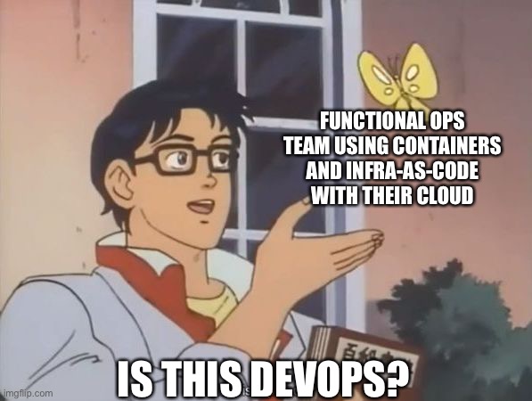 Cloud Ops <> DevOps | FUNCTIONAL OPS TEAM USING CONTAINERS AND INFRA-AS-CODE WITH THEIR CLOUD; IS THIS DEVOPS? | image tagged in oblivious anime man butterfly,devops,cloud,docker,kubernetes,k8s | made w/ Imgflip meme maker